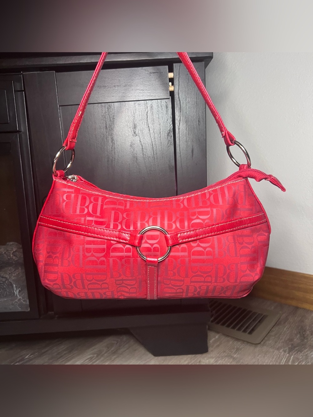 bebe Red Monogram Ring-Accent Shoulder Bag